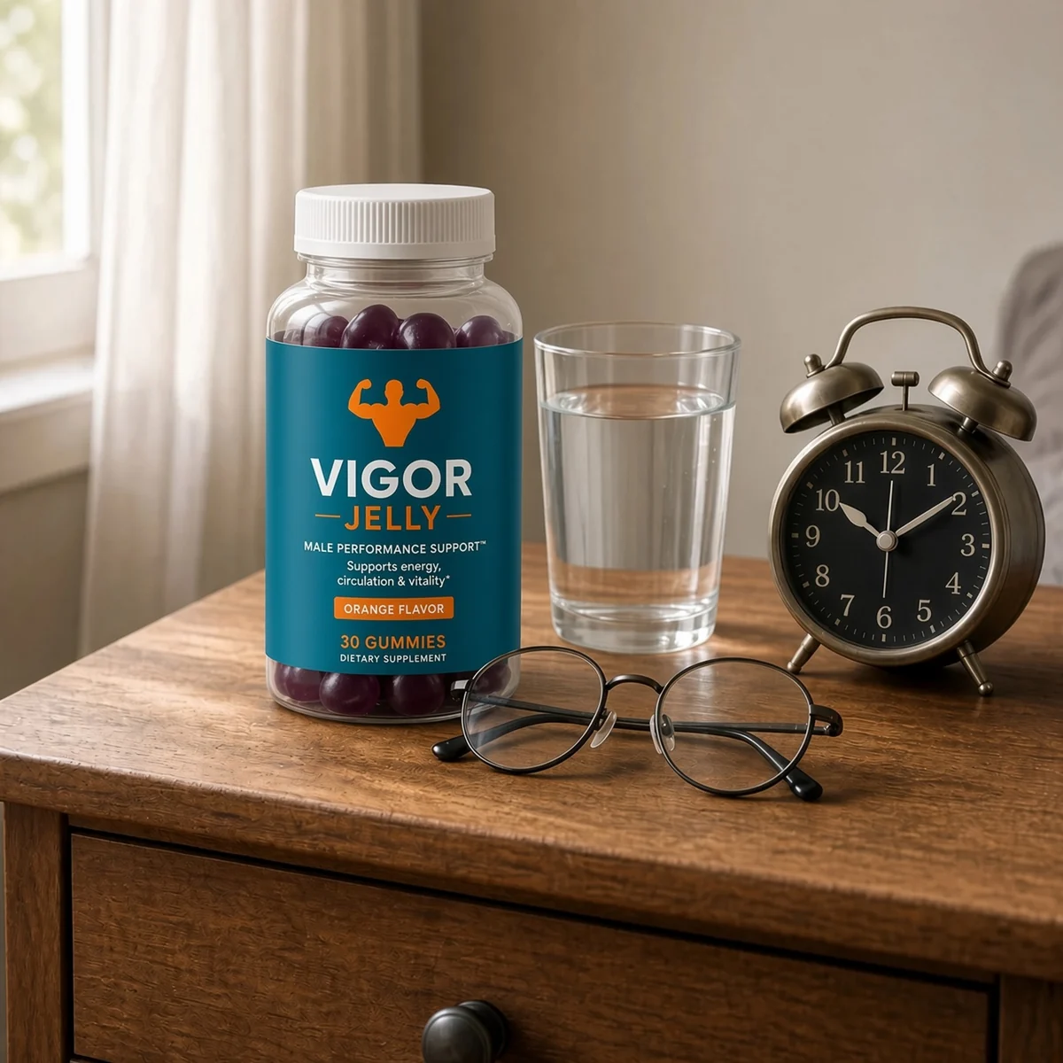 A jar of Vigor Jelly&reg; on a nightstand at dawn